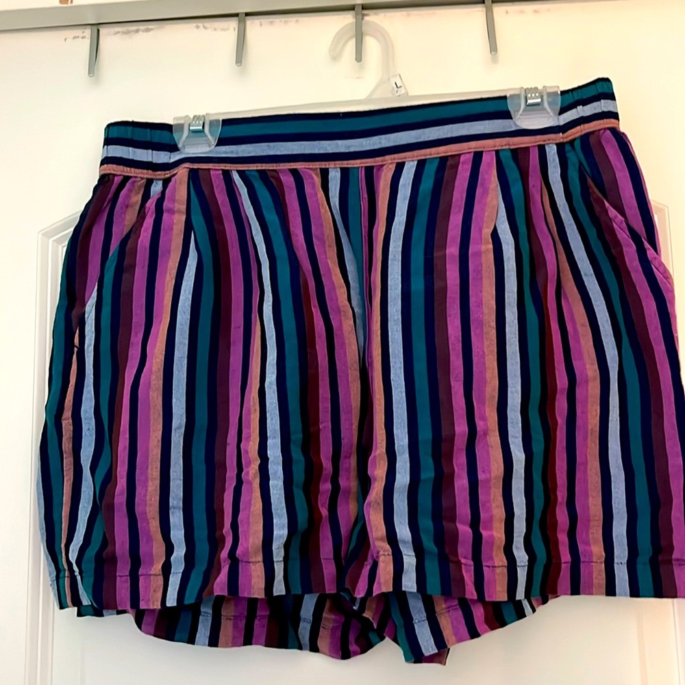 Medium pull on shorts in multi colored stripes. 3” inseam.